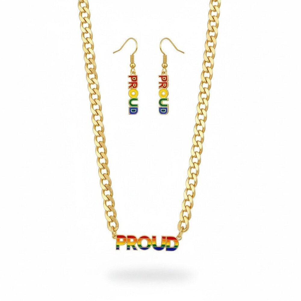 Pride Necklace & Earrings Set Gold Tone Chain Rainbow PROUD Pendant LGBTQ+ Jewel